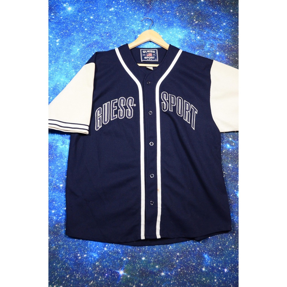 Guess‎ Sport USA Shirt Mens XL Blue White Baseball Jersey Button Front Athletic